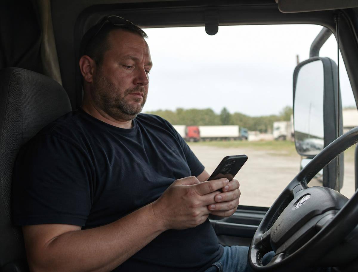Owner operator in the cab of a semi truck reviewing paperwork