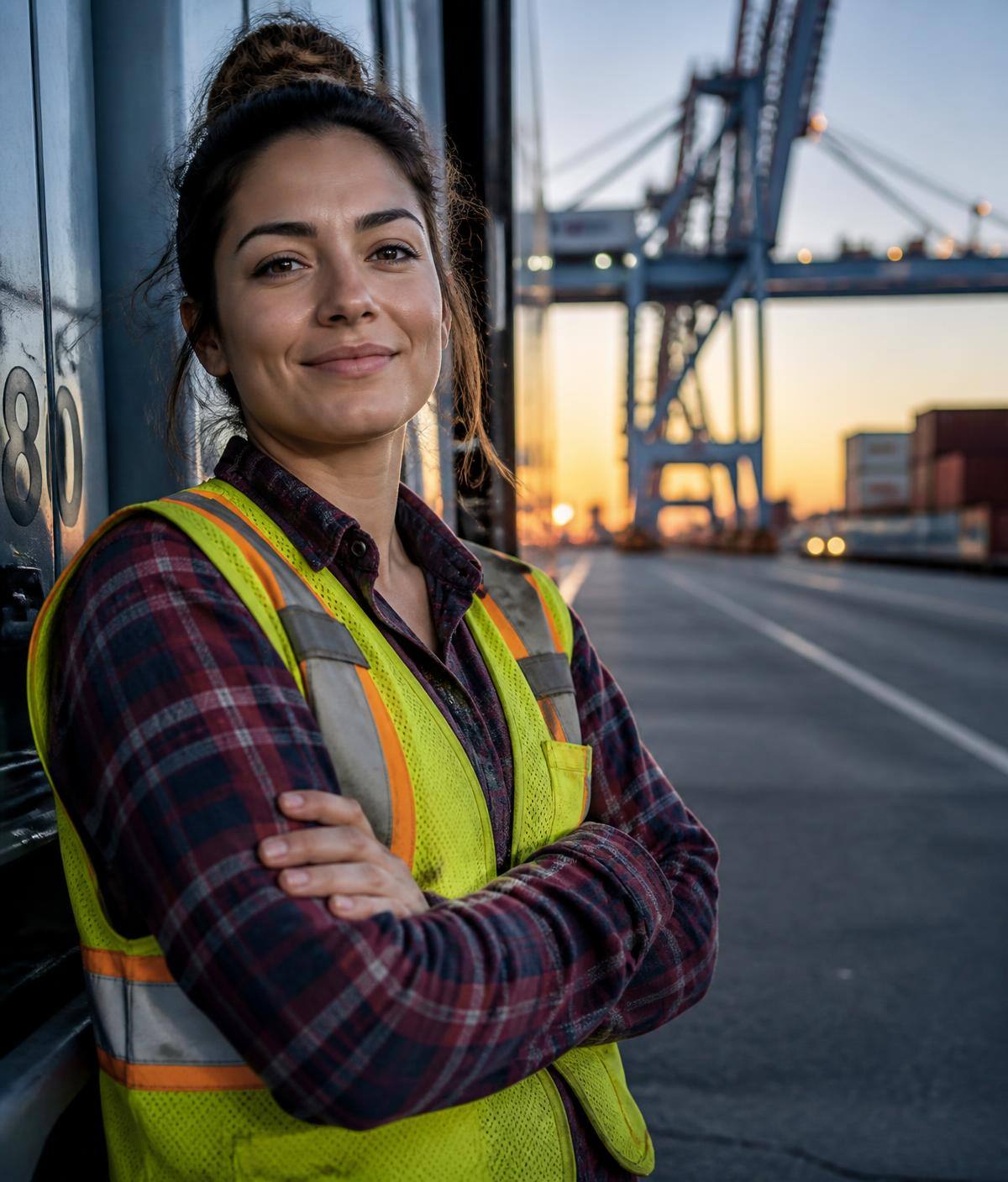 Owner-operator standing beside her truck at a California port terminal at sunset