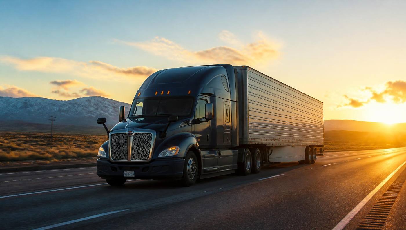 Semi truck on a US interstate at sunrise