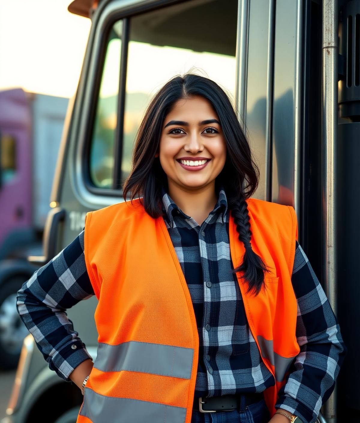 Confident Punjabi female truck driver in a safety vest next to her semi truck at a California trucking yard