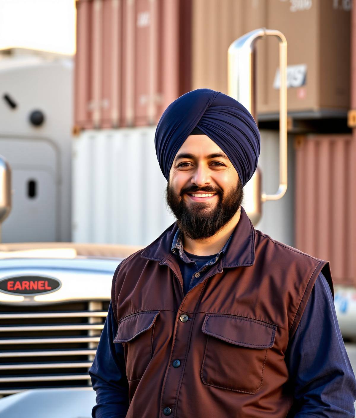 Professional Sikh truck driver in a navy turban standing beside a semi truck at a California freight terminal